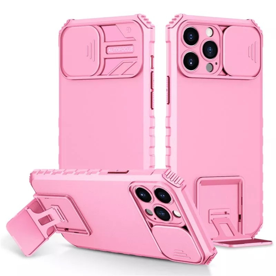 Husa Defender cu Stand pentru iPhone 12, Roz, Suport reglabil, Antisoc, Protectie glisanta pentru camera, Vafy
