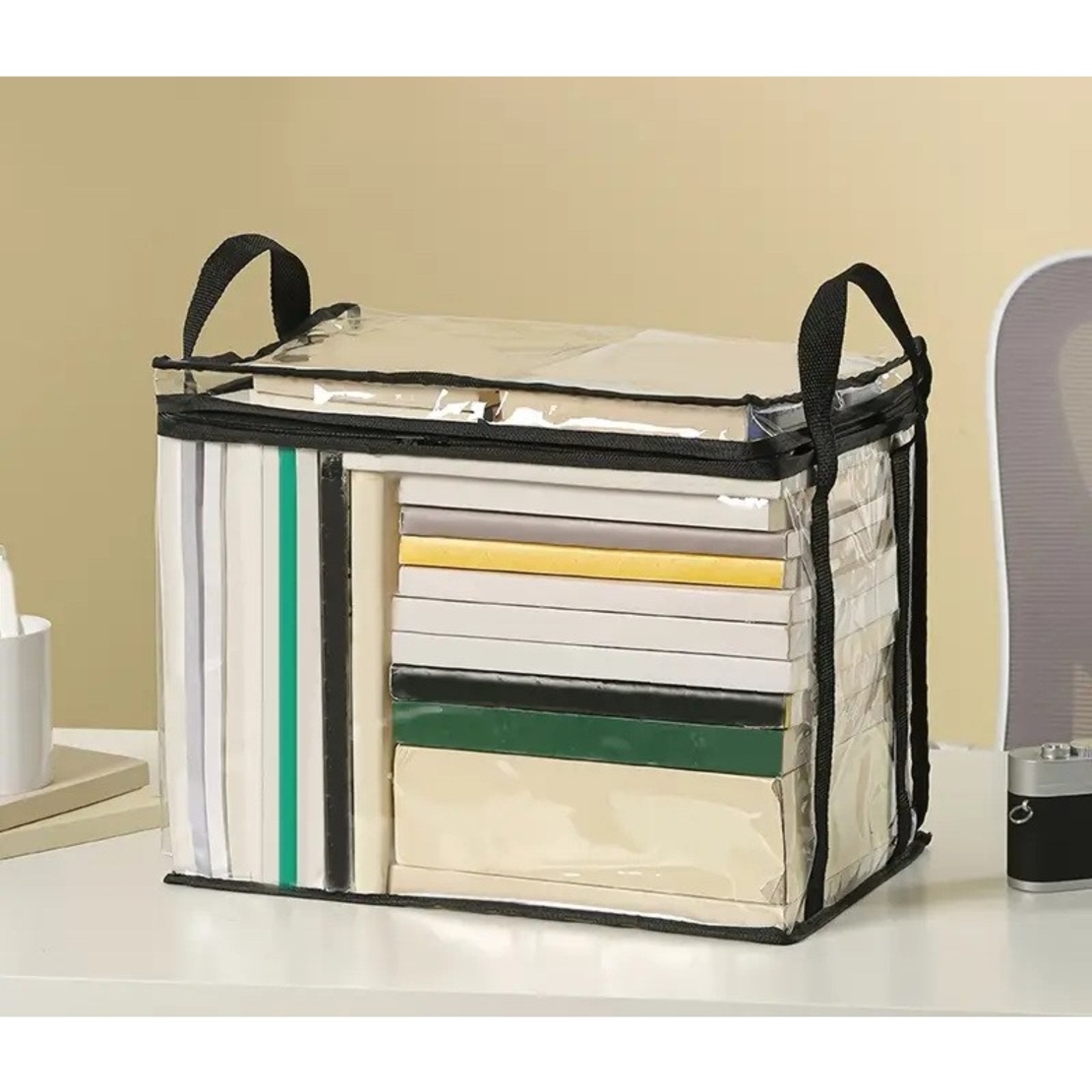 Cutie de Depozitare, Flippy, din PVC + Textil, Rezistenta la Apa, Geanta pentru Carti, 32x24x25 cm, Transparent-Negru