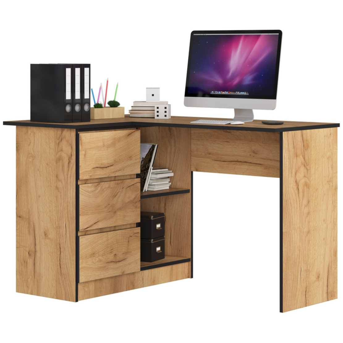 Birou colt stanga, cu 3 sertare si rafturi, PAL laminat, 124x85x77 cm, stejar craft