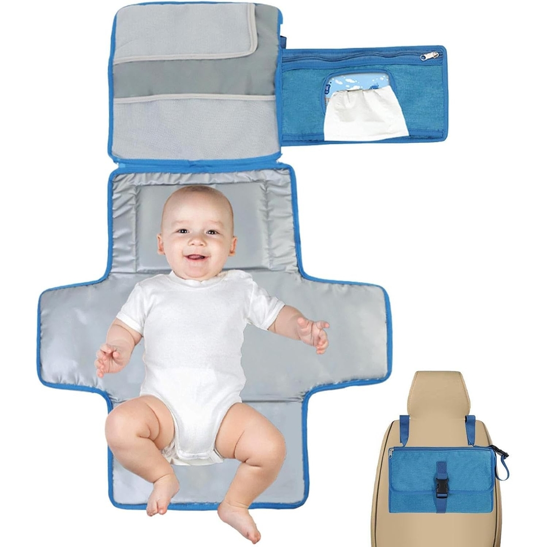 Geanta Multifunctionala, Vafy, Tip Aleza de Schimbat Scutece, Impermeabila, din Panza Oxford, cu Buzunare, Usor de Agatat, 30 x 20 cm, Albastru