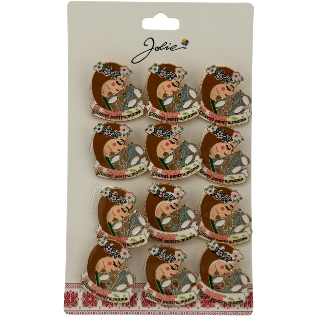 Set 12 Brose Martisor Primavara, Jolie, Model Fata, cu Mesaj Ghiocei pentru Mama, Multicolor