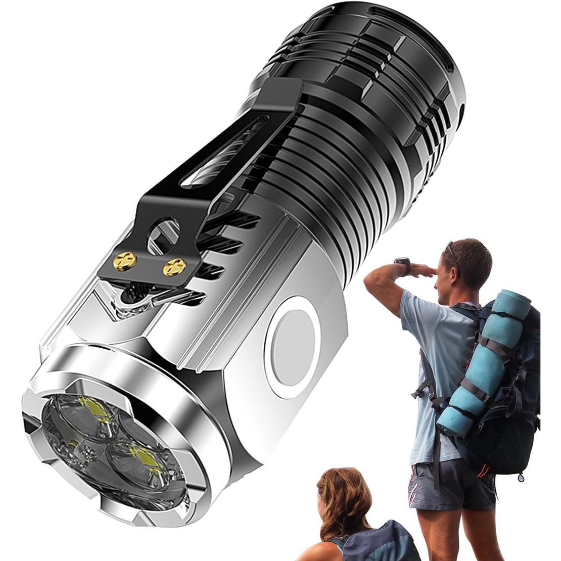 Lanterna cu 3 Nuclee Led, Vafy, Incarcare USB, Autonomie 4-20h, Raza Maxima 100-200 m, 5W, 4 x 4 x 9 cm, Suport de Agatat, Fund Magnetic, Argintiu