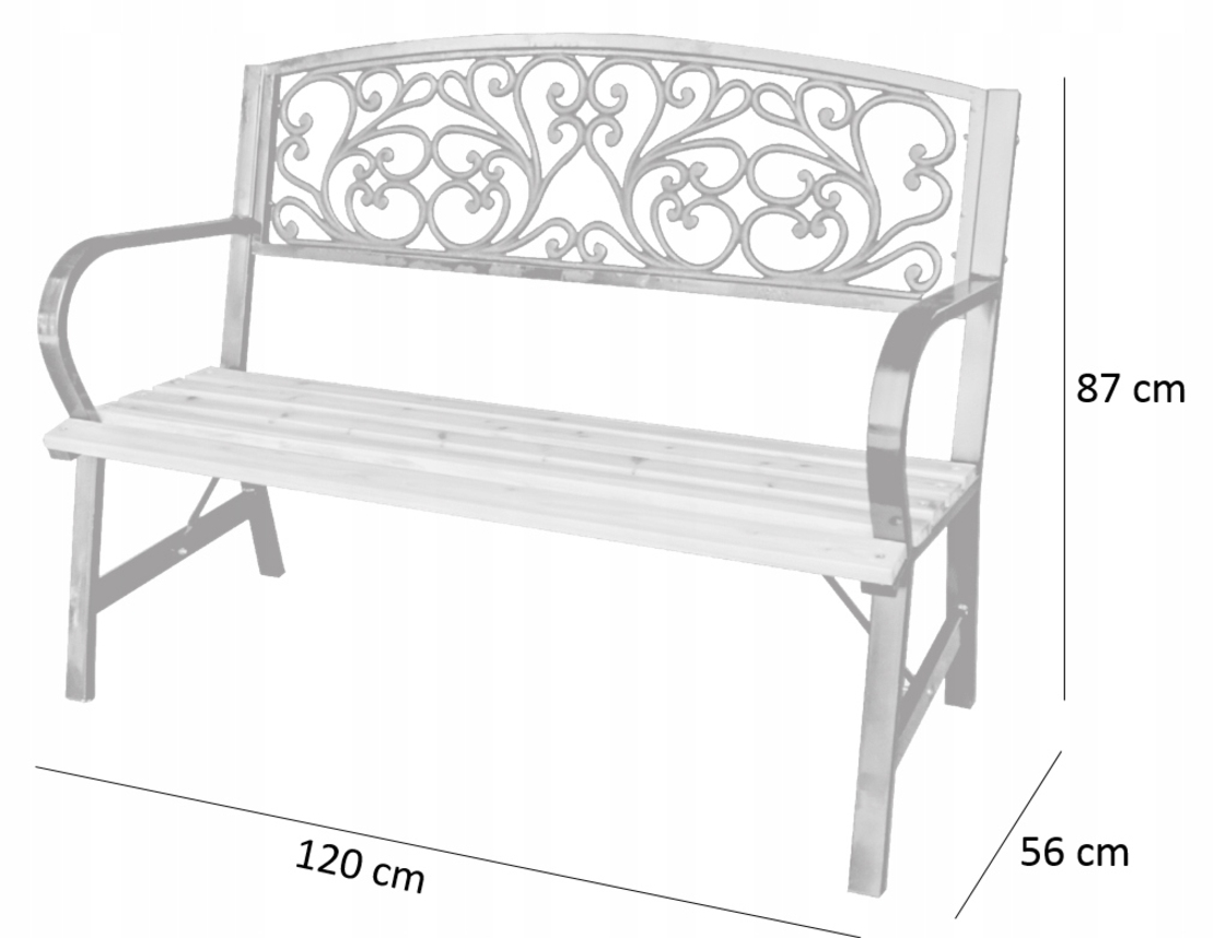 Banca de gradina din lemn si cadru otel, cu spatar decorativ, 120x56x87 cm, negru si maro natur