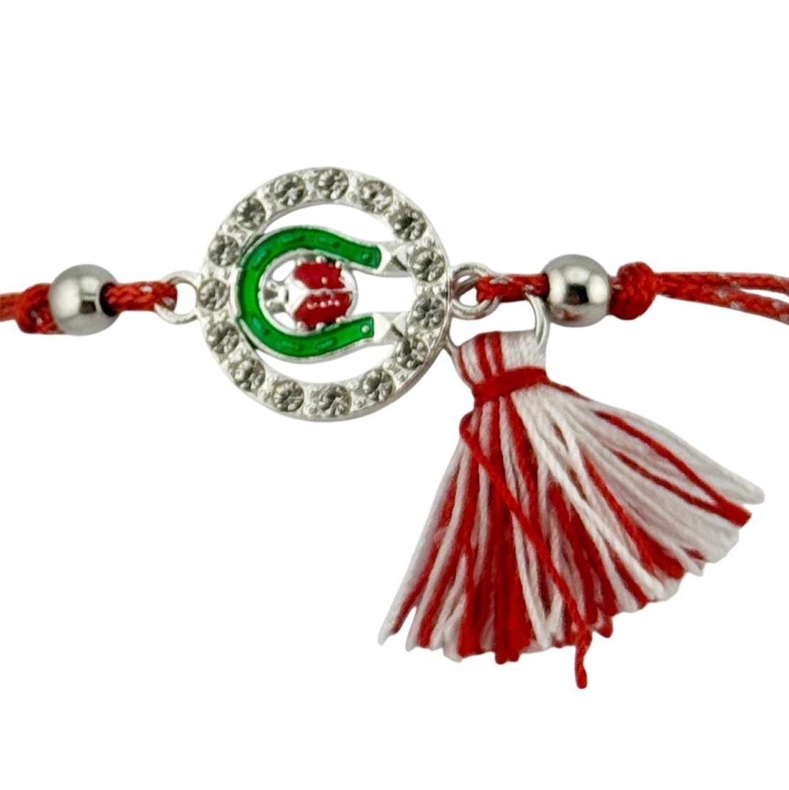 Martisor Bratara cu Ciucure pentru Dama, Jolie, Model Potcoava cu Buburuza in Cerc, Set 12 bucati, Pandativ din Inox cu Pietre, Snur Reglabil, Rosu/Alb