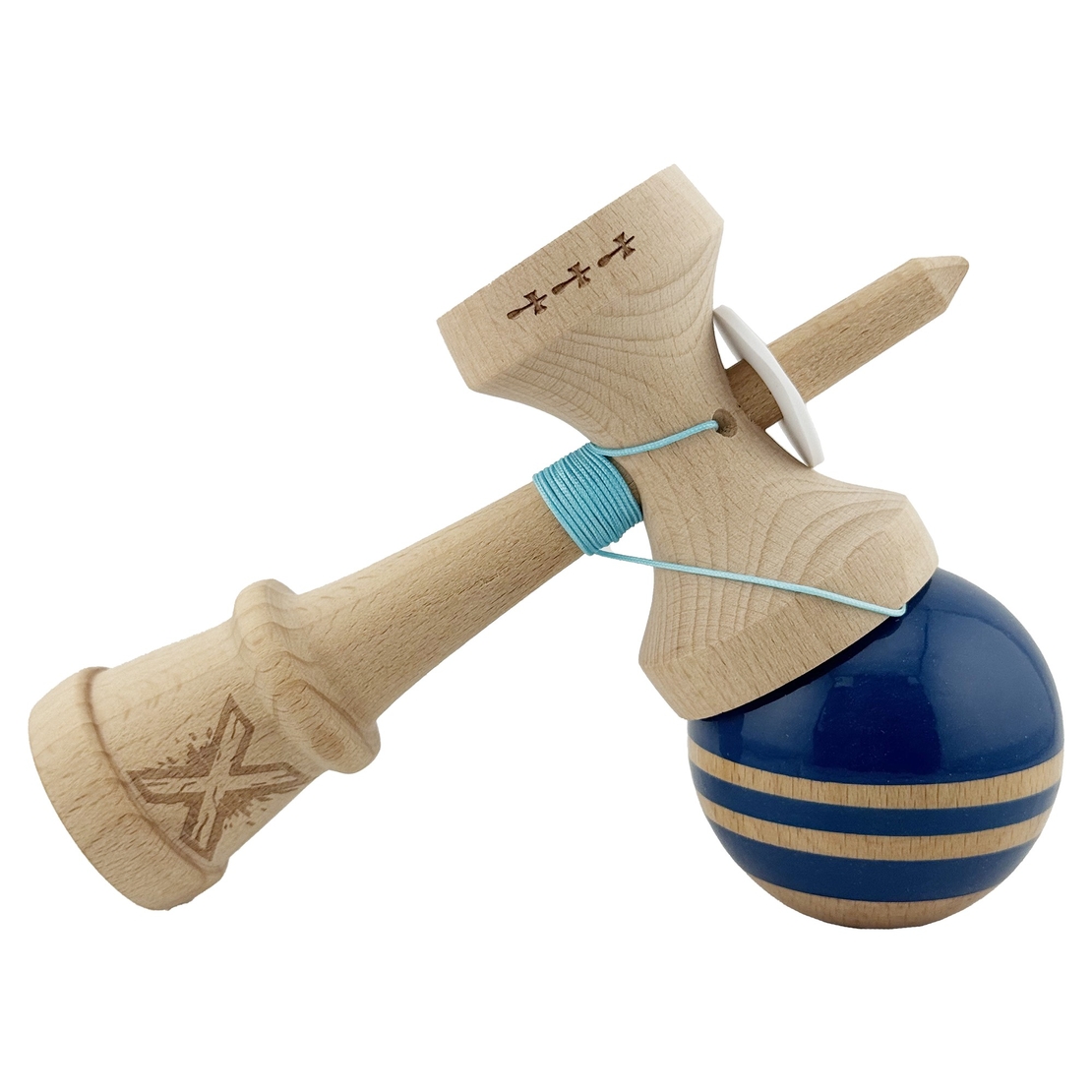 Kendama X Originala RAINBOW, Profesionala, Flippy, Cupe Mari KING SIZE V3, Super Sticky, Gaura in Baza, Rulment Metalic, din lemn 18 cm, Ata 62/65 cm, Albastru/Maro