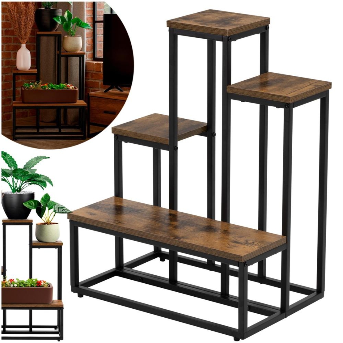 Etajera cu 4 rafturi din metal si MDF, 51x34x67 cm, negru si maro