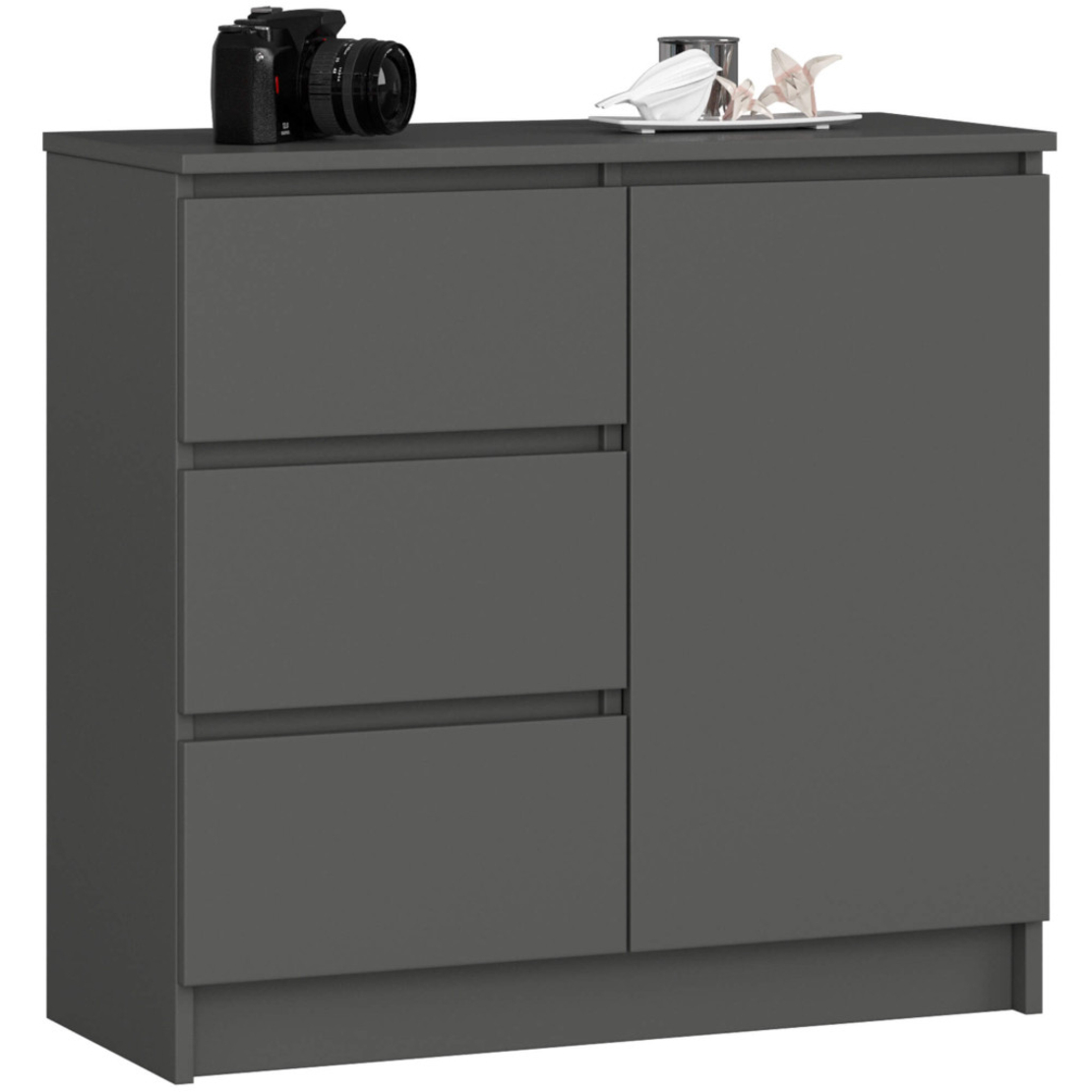 Comoda JERRY cu 3 sertare si dulap cu rafturi, PAL laminat, 80x35x77 cm, gri grafit