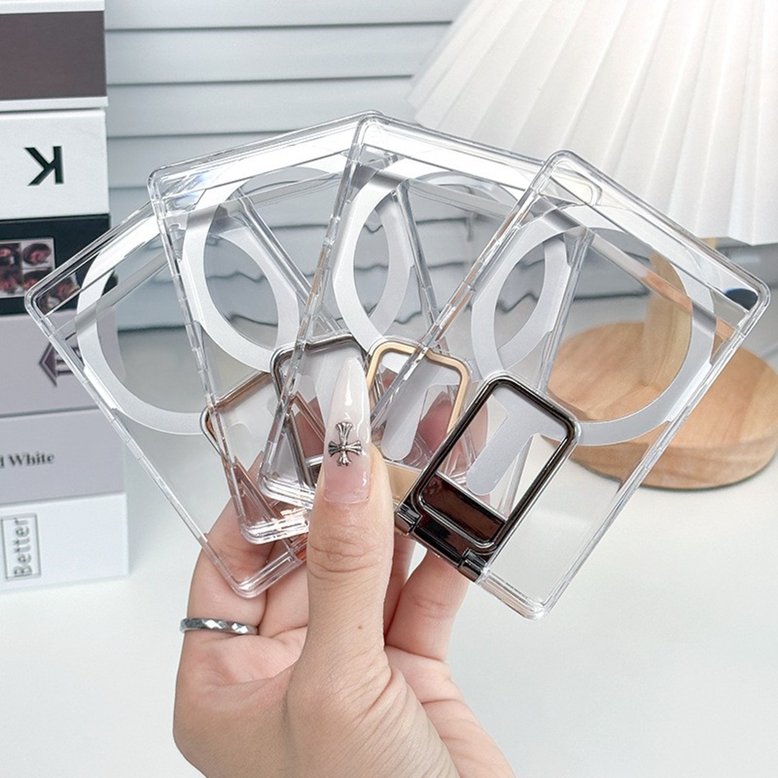 Husa pentru Carduri, Vafy, Compatibil cu Telefon Apple Magsafe, Accesoriu pentru Husa MagSafe, cu Suport Pliabil Auriu, Transparent