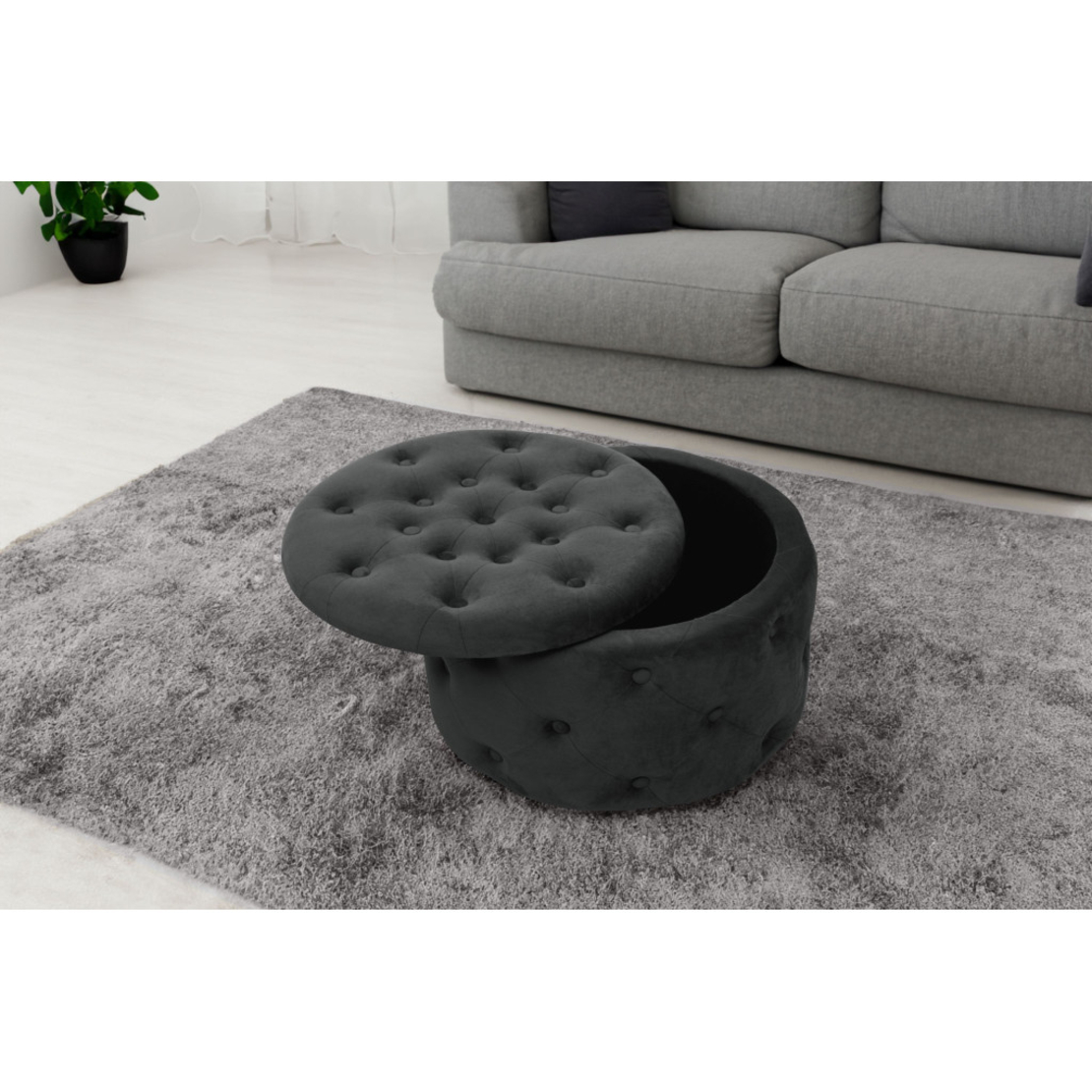 Taburet Alia cu spatiu depozitare, tapitat cu velur, 55x30 cm, negru