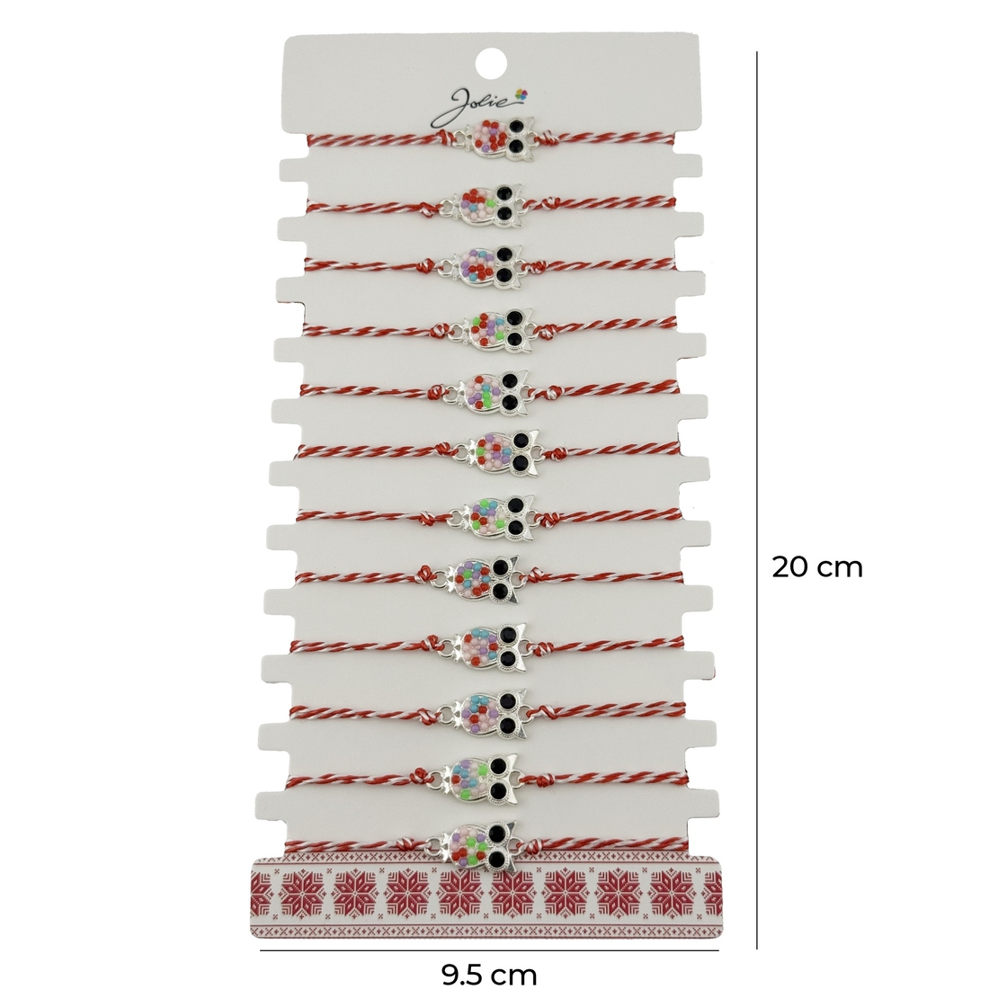 Bratara Martisor pentru Dama, Jolie, Model Bufnita, Set 12 bucati, Pandativ Argintiu din Inox cu Elemente Multicolore, Snur Alb/Rosu