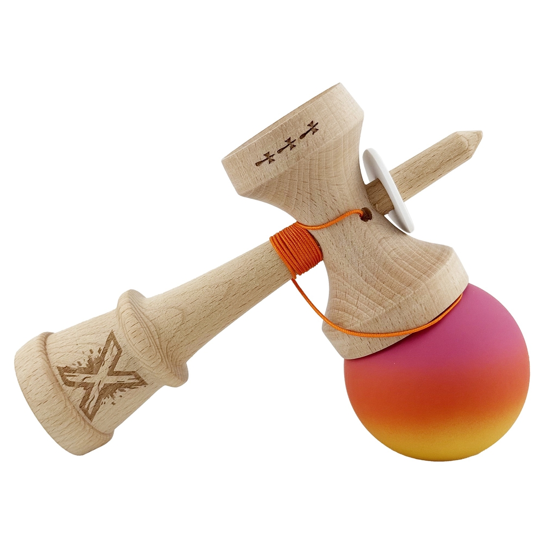 Kendama X Originala, Profesionala, Flippy, Cupe Mari KING SIZE V3, Rubber Grip, Gaura in Baza, Rulment Metalic, din lemn 18 cm, Ata 62/65 cm, Gradient Roz/Rosu/Galben