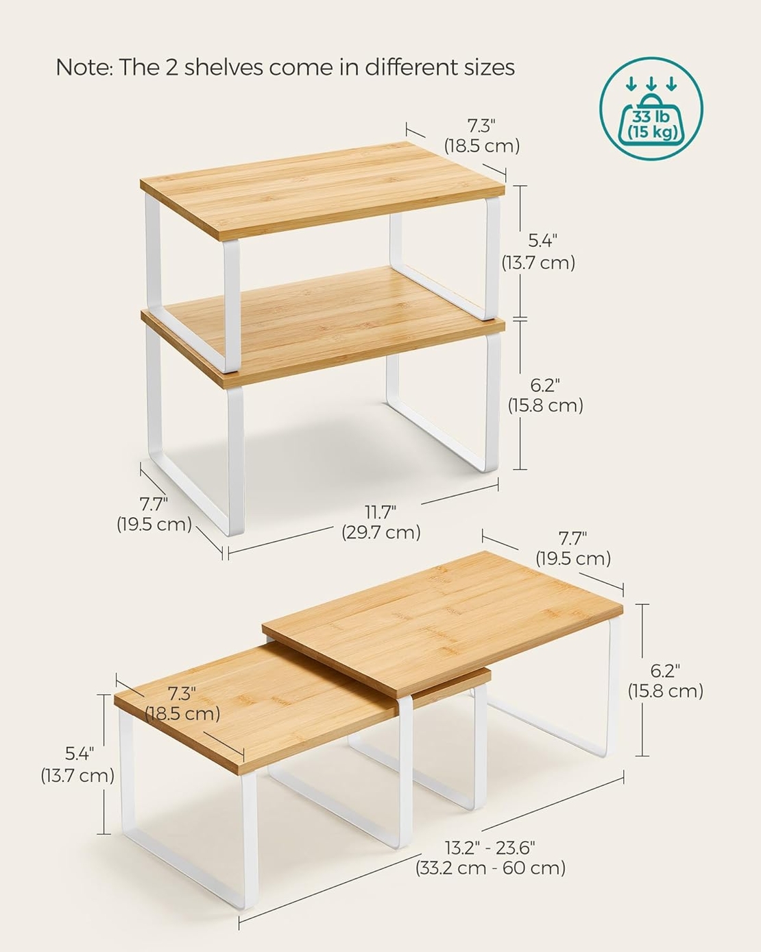 SONGMICS Set 4 rafturi de bucatarie suprapozabile, pentru ustensile sau condimente, 20x30x16cm, natur si alb