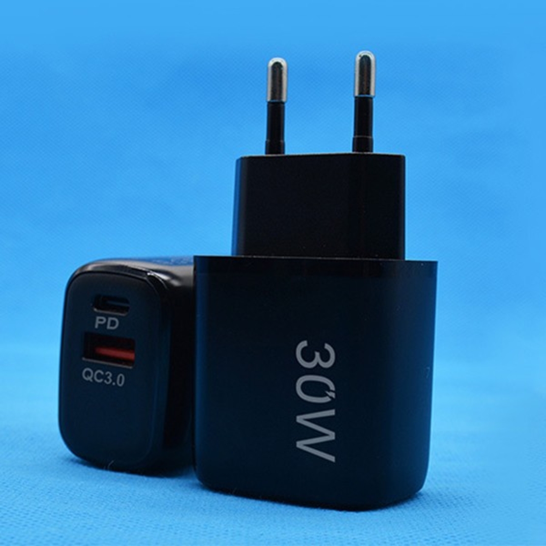 Incarcator Fast Charging pentru Telefon, Flippy, Dual Port USB-A si USB-C cu Cap de Incarcare Standard European, 30W Q.C 3.0, Negru