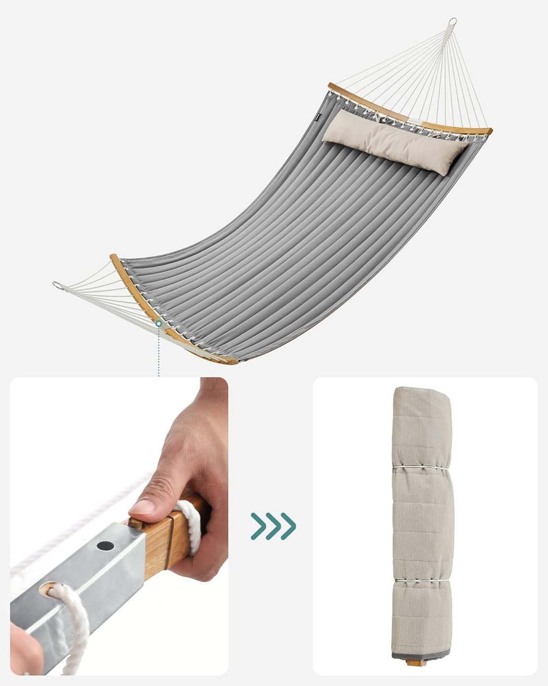 SONGMICS Hamac dublu cu bare curbate din bambus, perna inclusa, maxim 225 kg, 200x140 cm, gri