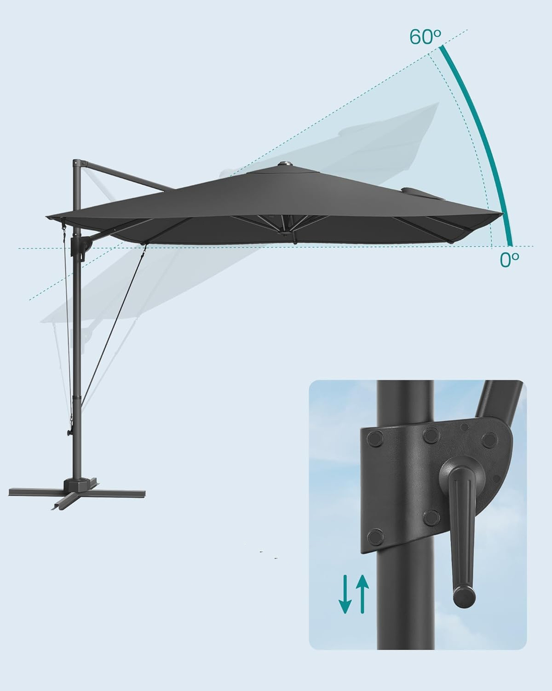 SONGMICS Umbrela de gradina cu manivela tip pendul 270x270 cm, UPF 50+, rotire 360°, inclinare reglabila, gri