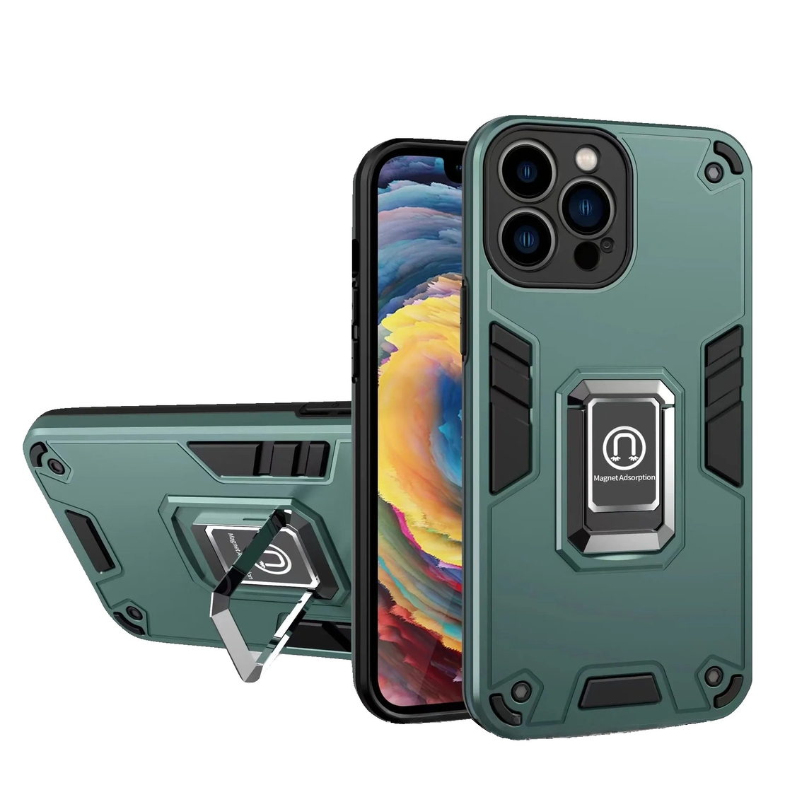 Husa Iron Warriors pentru iPhone 14, Vafy, Hybrid Ring Holder Kickstand, Verde inchis
