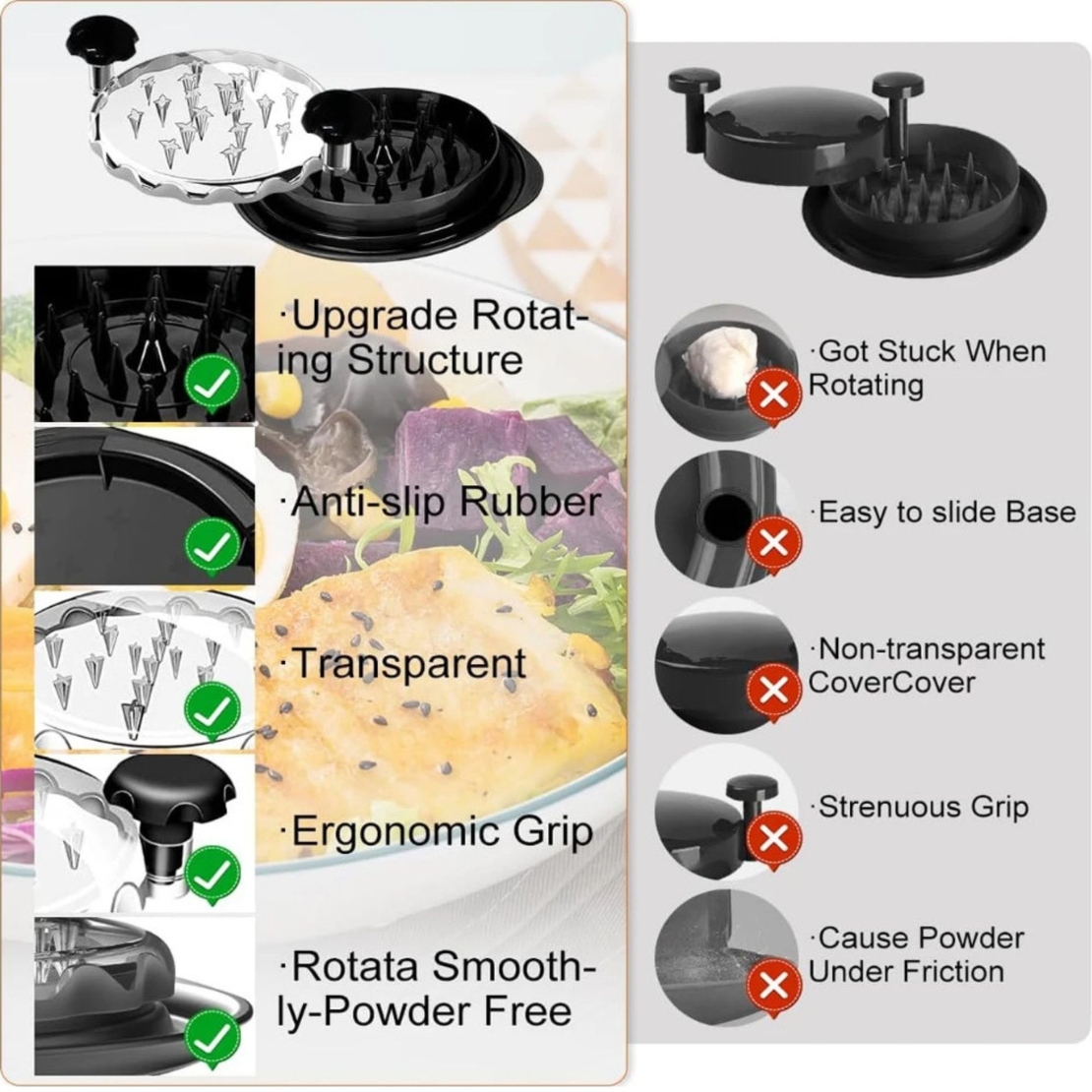 Tocator Manual pentru Carne, Vafy, cu Capac Transparent, Tocator de Pui Antiderapant, Manere Ergonomice, 25 x 25 x 5.5 cm, Negru