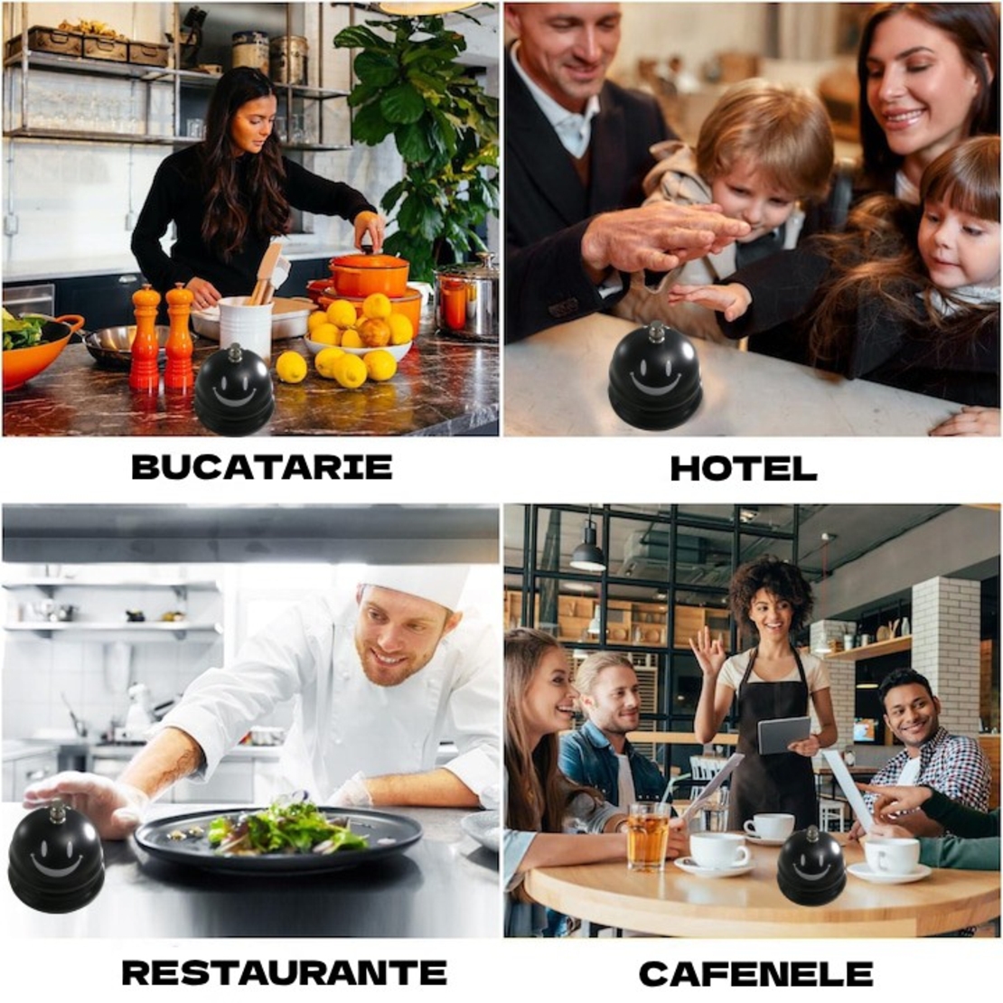 Clopotel Metalic Multifunctional, Flippy, Negru cu Imprimeu Smiley Face, 7.5x7.5x6.5 cm, Receptie, Restaurant, Cafenele