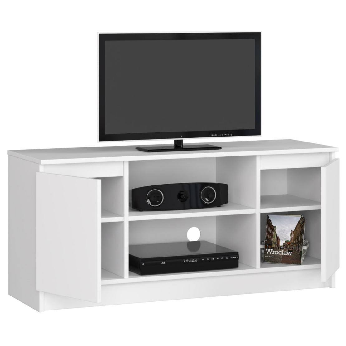 Comoda TV cu 2 usi si o polita, PAL laminat 16 mm, 120x40x55 cm, alb