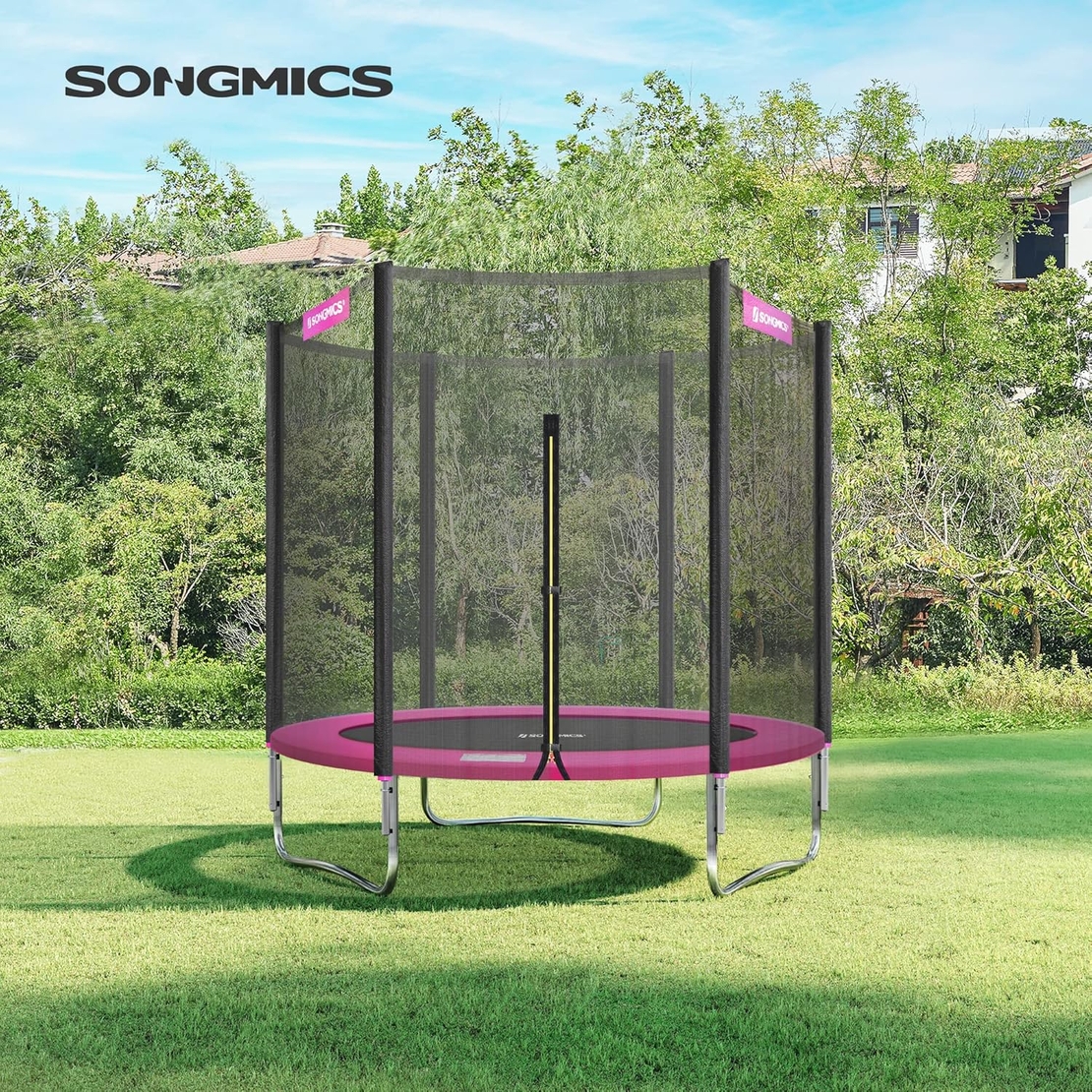 SONGMICS Trambulina pentru copii cu plasa de protectie exterioara, diametru 183 cm, 100 kg, roz