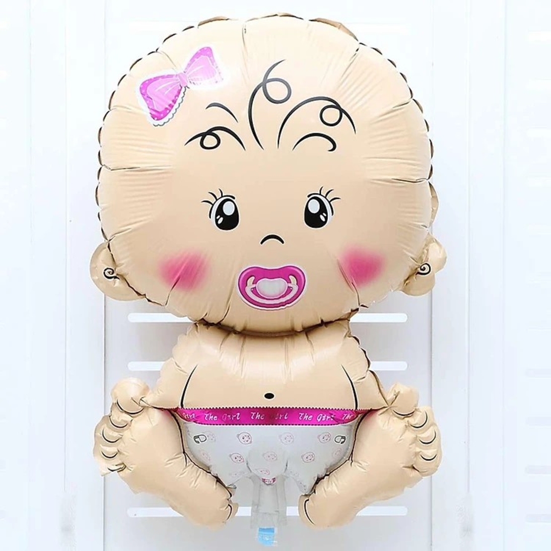 Balon din Folie Metalizata, Vafy, Figurina Fetita, Tema Botez, 73x48 cm, Ambalaj Individual, Pai Inclus, Umflare cu Aer sau Heliu, Roz