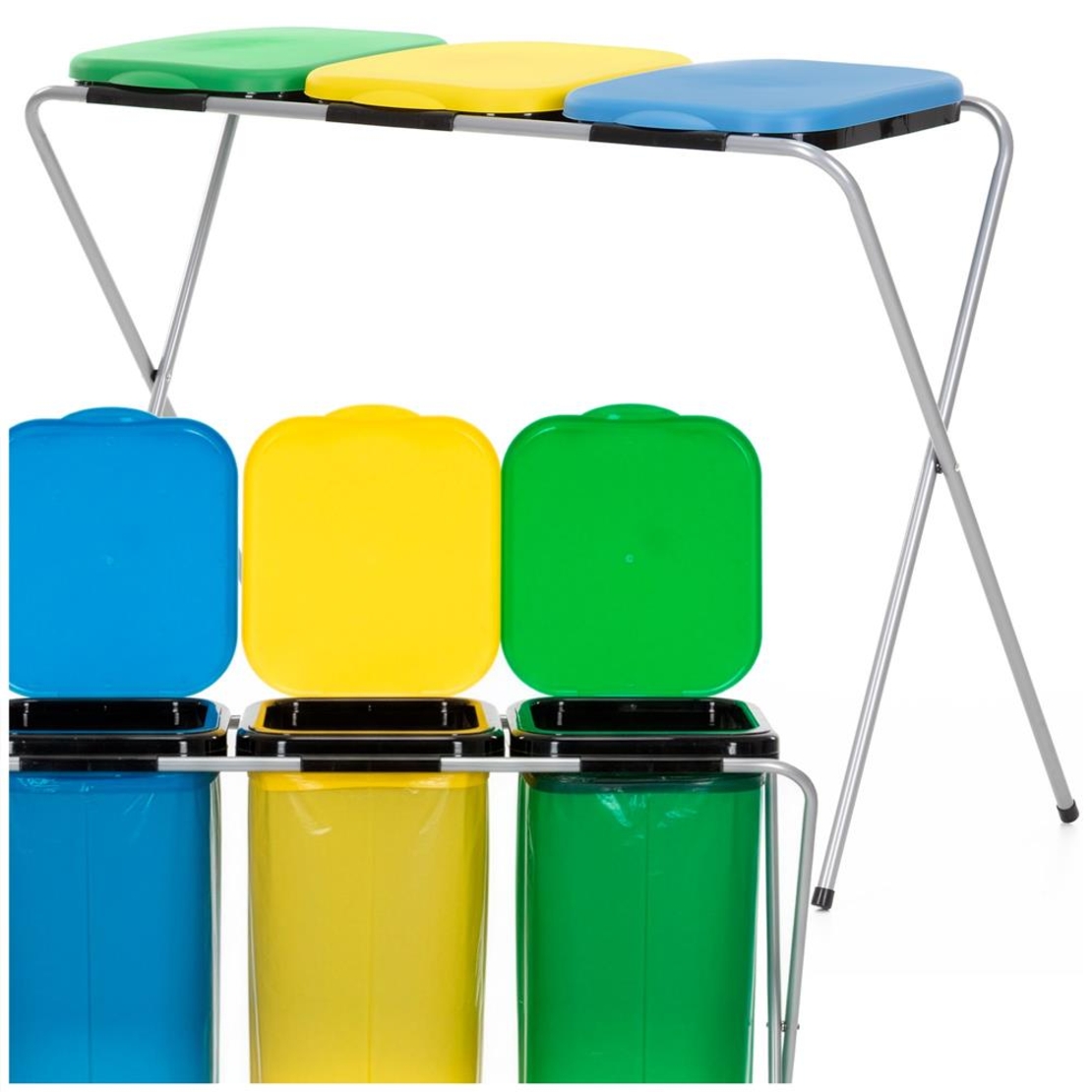 Cos de gunoi selectiv cu 3 compartimente, cadru metalic si capace PP, 98x42x74 cm