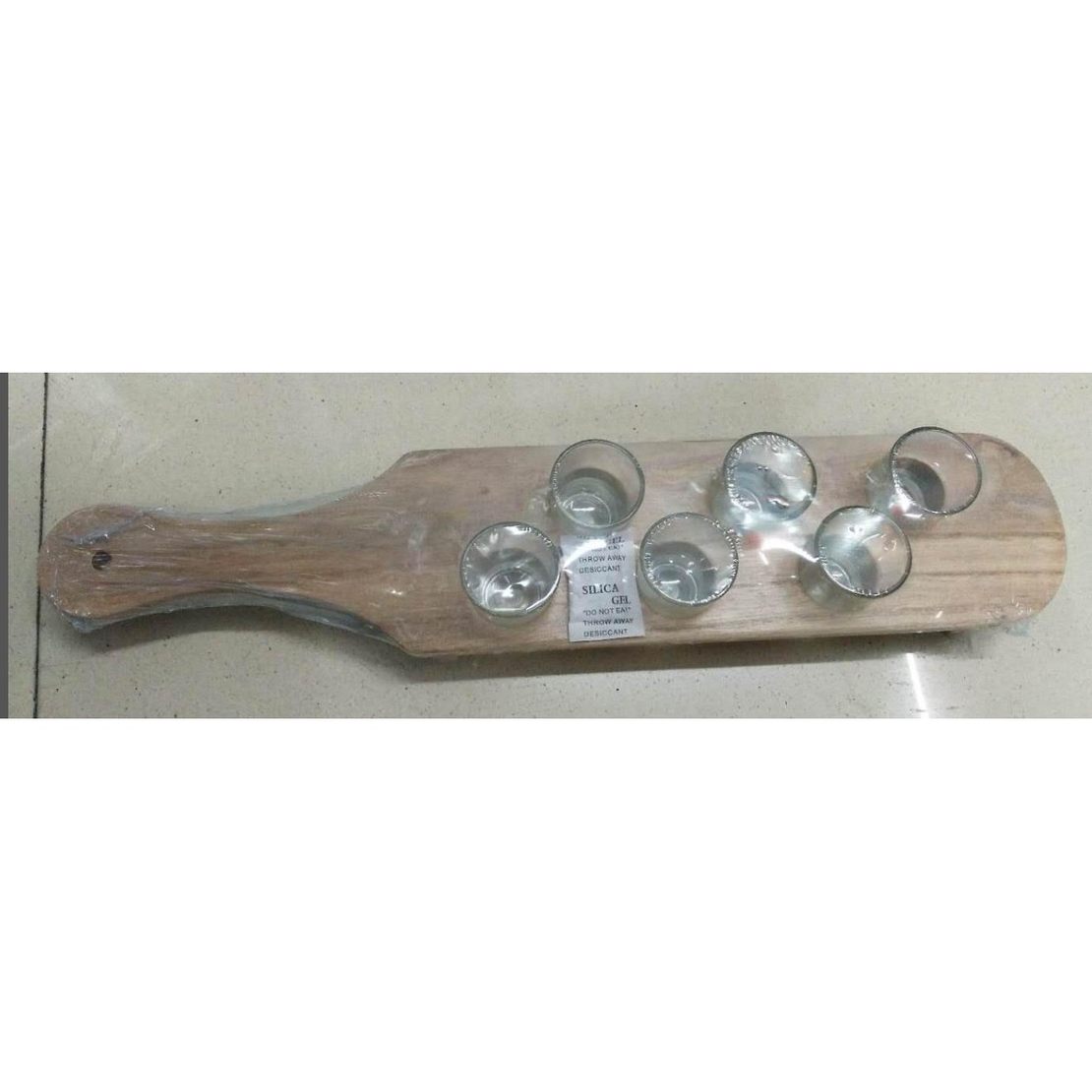 Pahare Shot din Sticla, Flippy, Set 6 pahare pentru Shot cu Suport din Lemn, Design Rustic, 41 x 8.5 x 6 cm, Model 2, Maro
