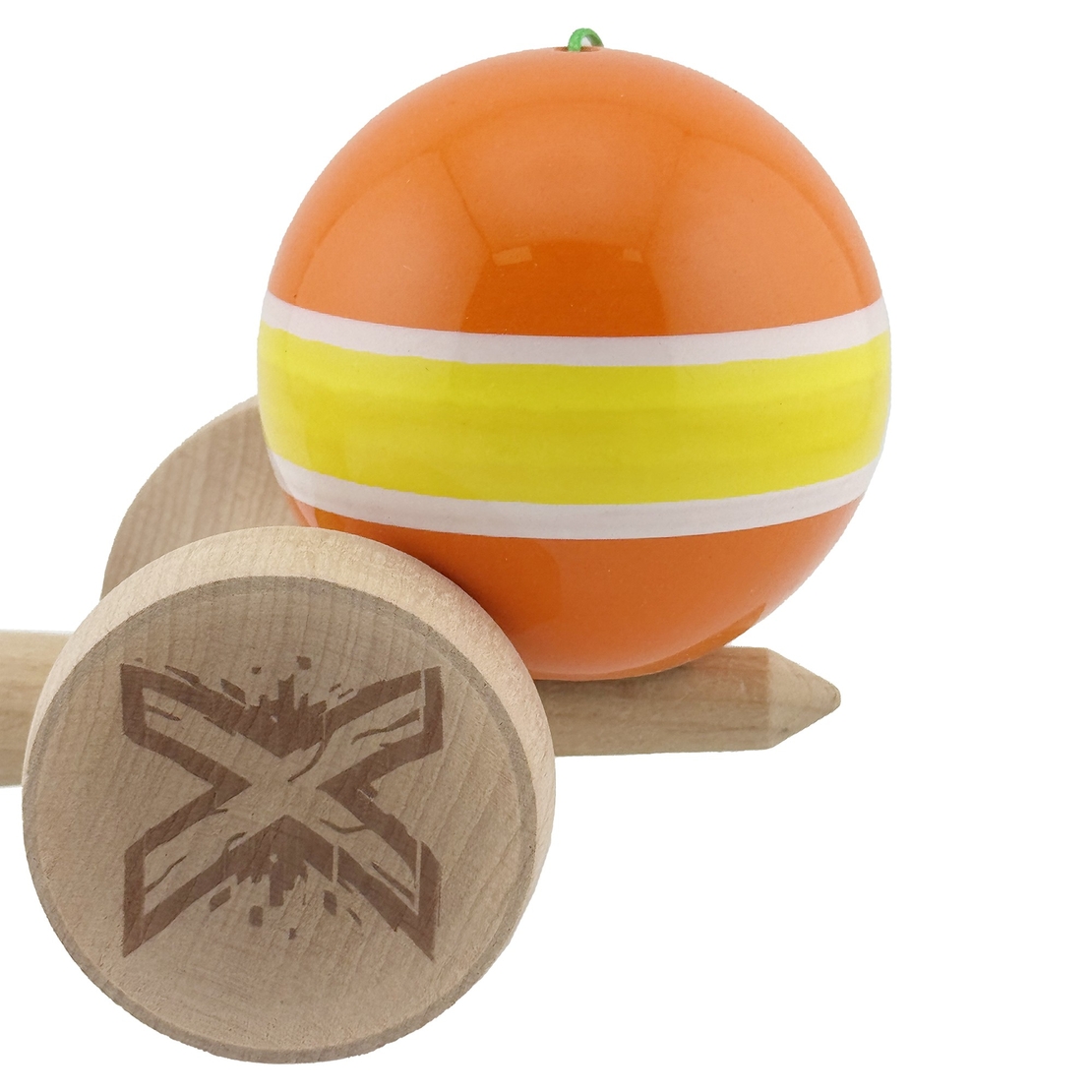 Kendama X Originala, Profesionala, Flippy, Super Sticky cu Cupe Mari KING SIZE V3, Gaura in Baza, Rulment Metalic, din lemn 18 cm, Ata 62/65 cm, Special Portocaliu/Galben