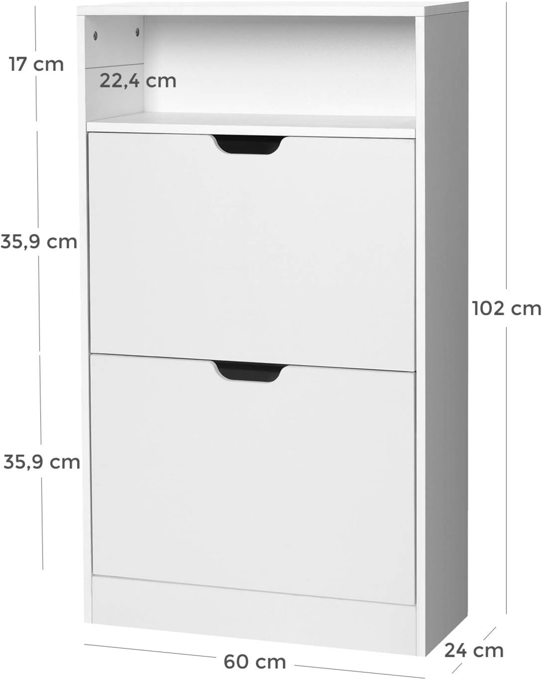 VASAGLE Dulap pantofi cu 3 usi rabatabile, pentru 8-12 perechi, 60x24x102 cm, alb