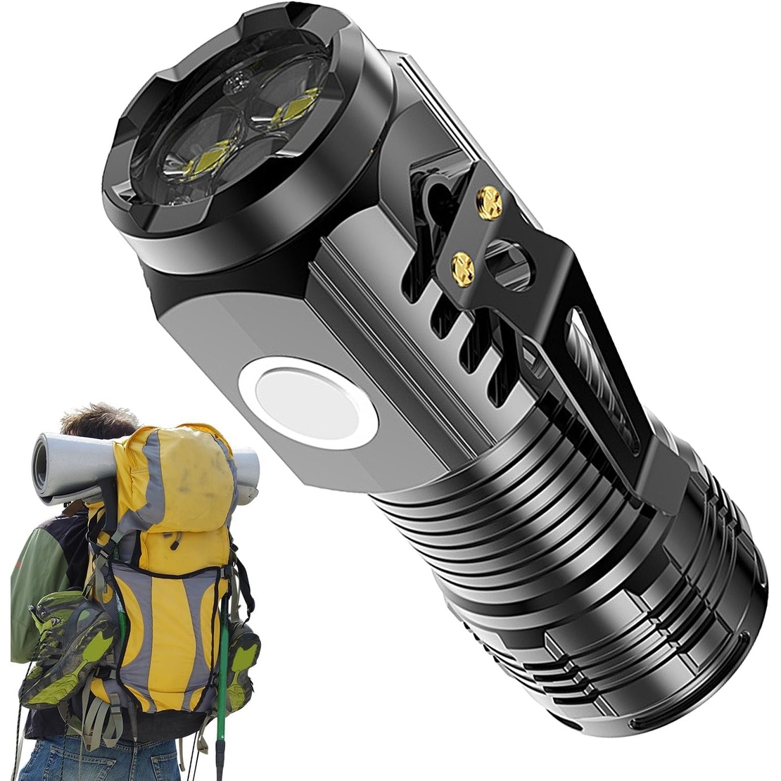 Lanterna cu 3 Nuclee Led, Vafy, Incarcare USB, Autonomie 4-20h, Raza Maxima 100-200 m, 5W, 4 x 4 x 9 cm, Suport de Agatat, Fund Magnetic, Negru