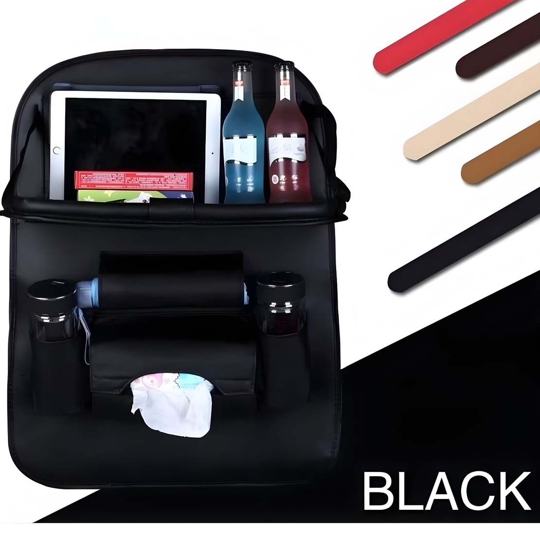 Organizator Spate Scaun Auto, Flippy, Masa Pliabila, Piele Ecologica, Impermeabil, Suport pentru Tableta, Sortare Lucruri si Protejare Tapiterie, 40 x 63cm, Negru