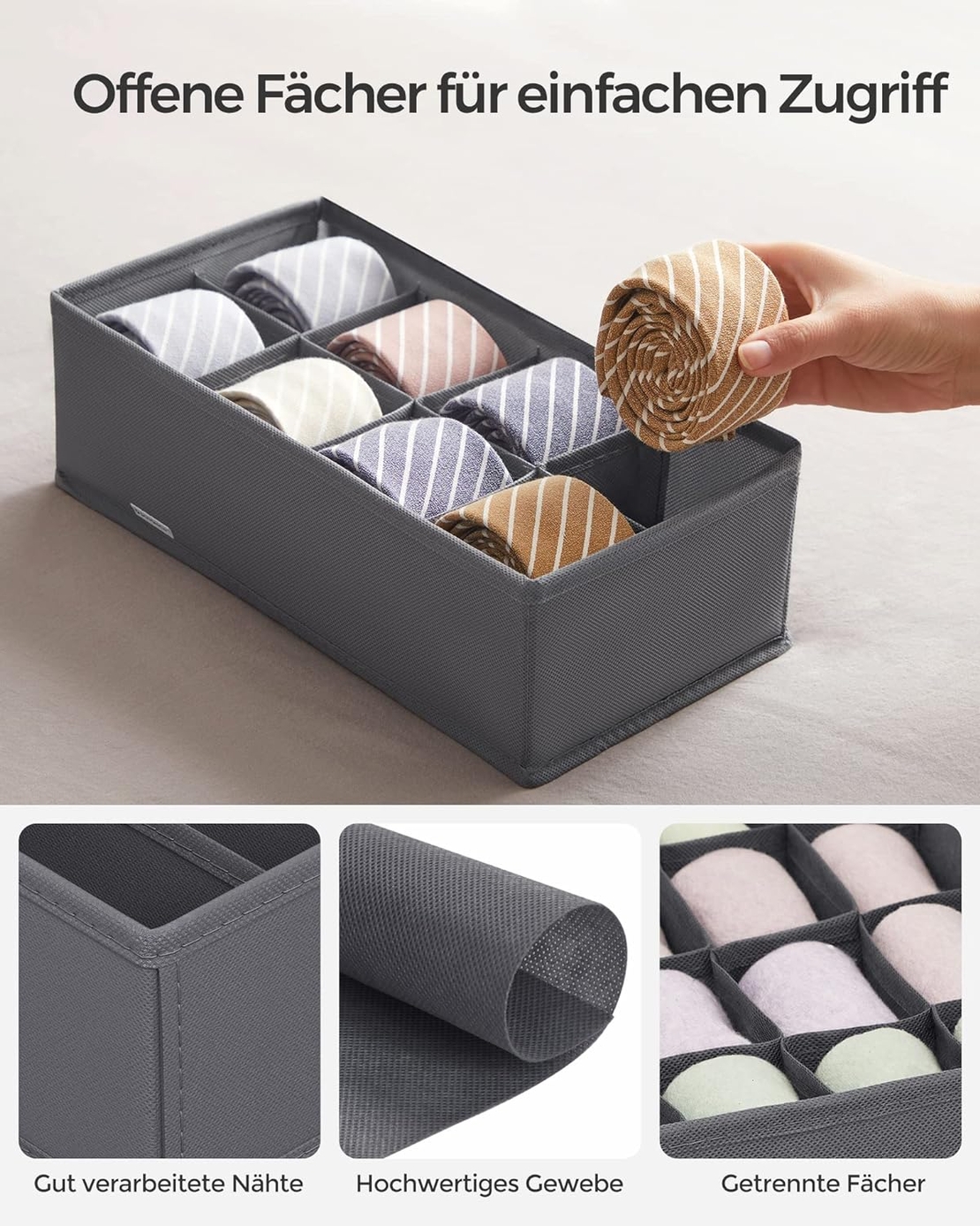 SONGMICS Organizatoare dulap sau sertar, set 8 cutii de depozitare a lenjeriei de corp, pliabile, 64x48x10cm, gri