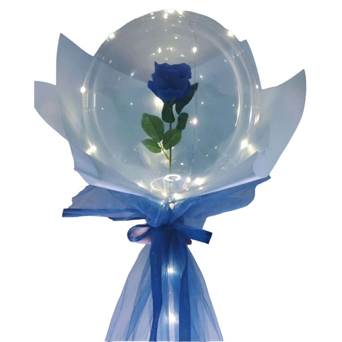 Set Trandafir in Balon LED cu Lumini, Flippy, Tip Buchet, Diametru 35 cm, Albastru