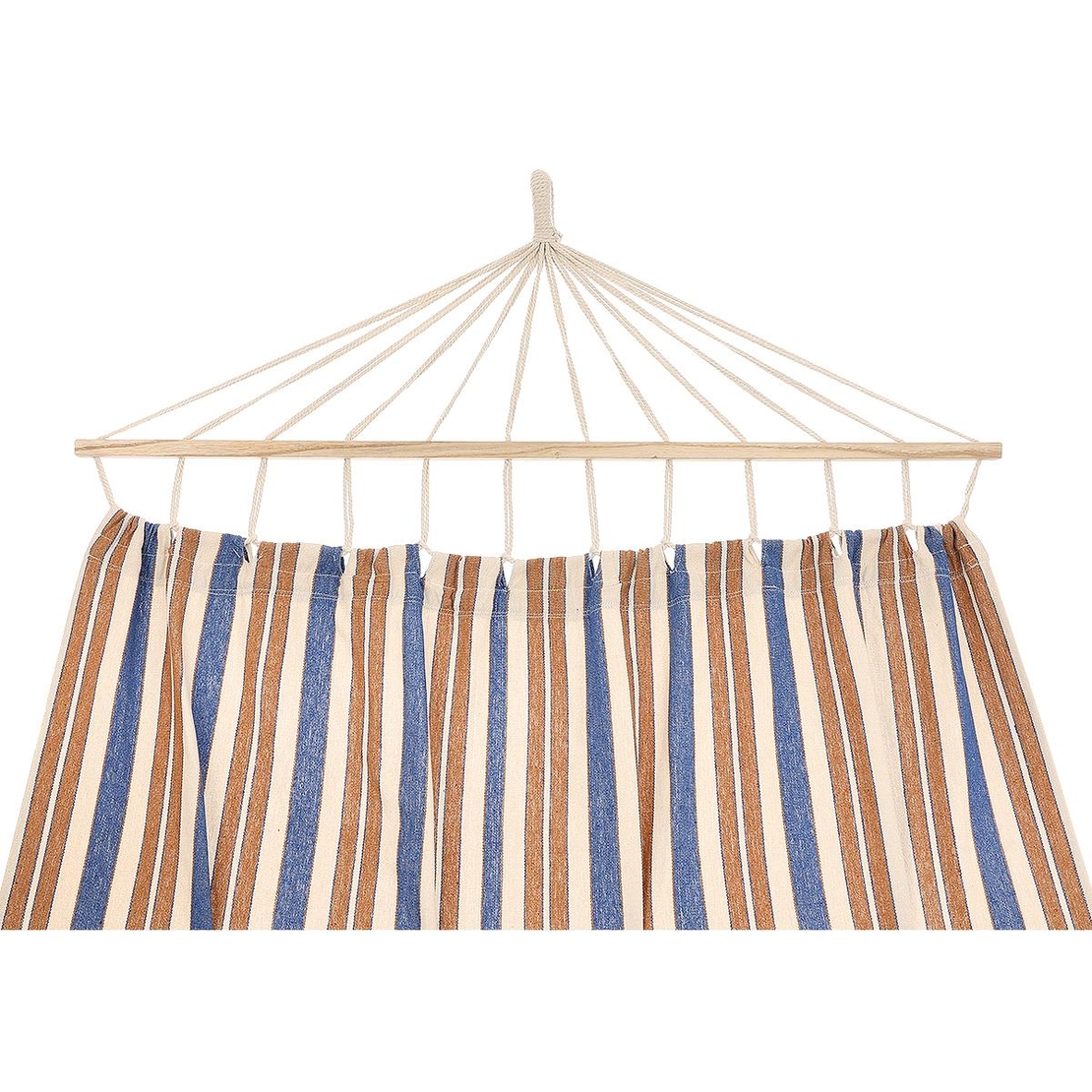 Hamac dublu cu bare din lemn, pentru 2 persoane, bumbac, 150kg, 200x150 cm, albastru si maro