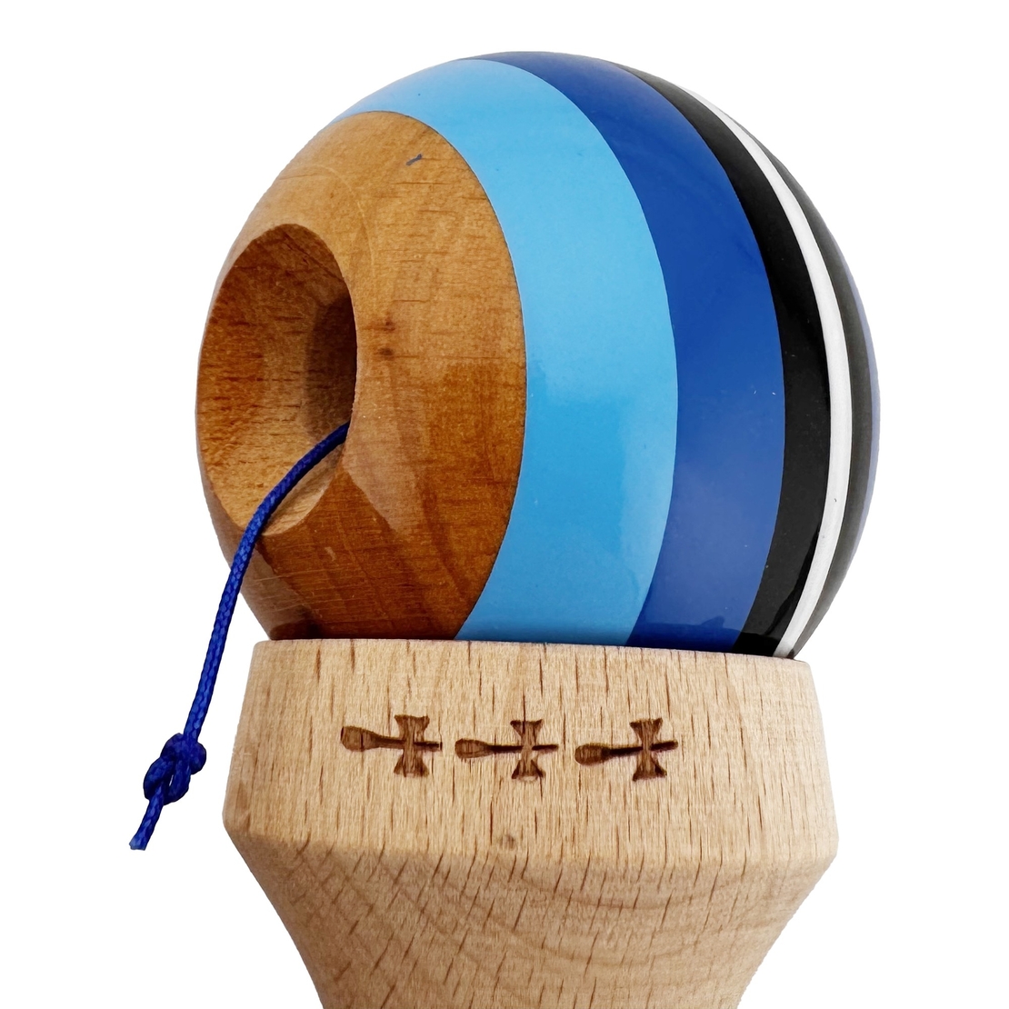 Kendama X Originala, Profesionala, Flippy, SATURN Blue Planet, Super Sticky cu Cupe Mari KING SIZE V3, Gaura in Baza, Rulment Metalic, din lemn 18 cm, Ata 62/65 cm, Albastru