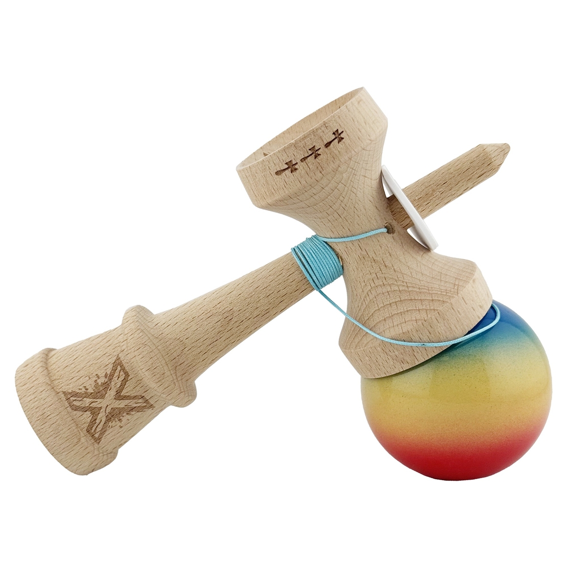 Kendama X Originala, Profesionala, Flippy, Super Sticky cu Cupe Mari KING SIZE V3, Gaura in Baza, Rulment Metalic, din lemn 18 cm, Ata 62/65 cm, Gradient Albastru/Galben/Rosu