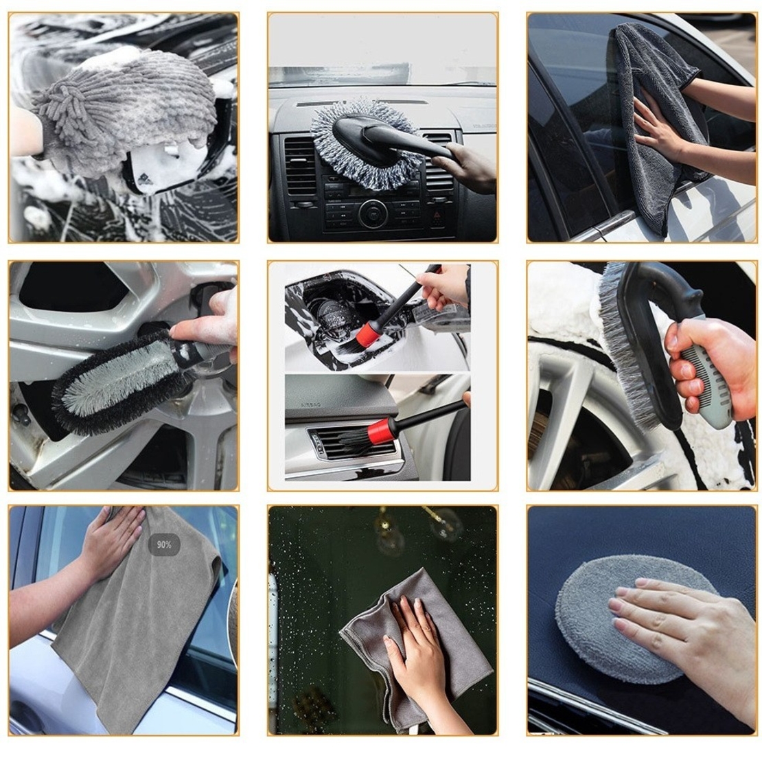 Set 10 Piese pentru Spalat Auto, Flippy, din Plastic si Microfibra, Perii si Lavete, Model C, Gri