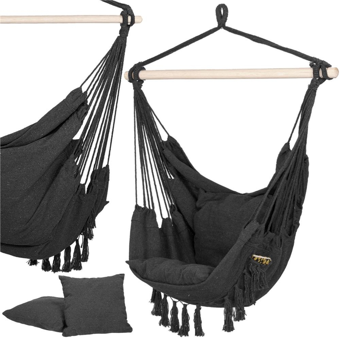 Hamac tip leagan suspendat pentru casa sau gradina, cu perne, 130x100cm, 150kg, gri inchis
