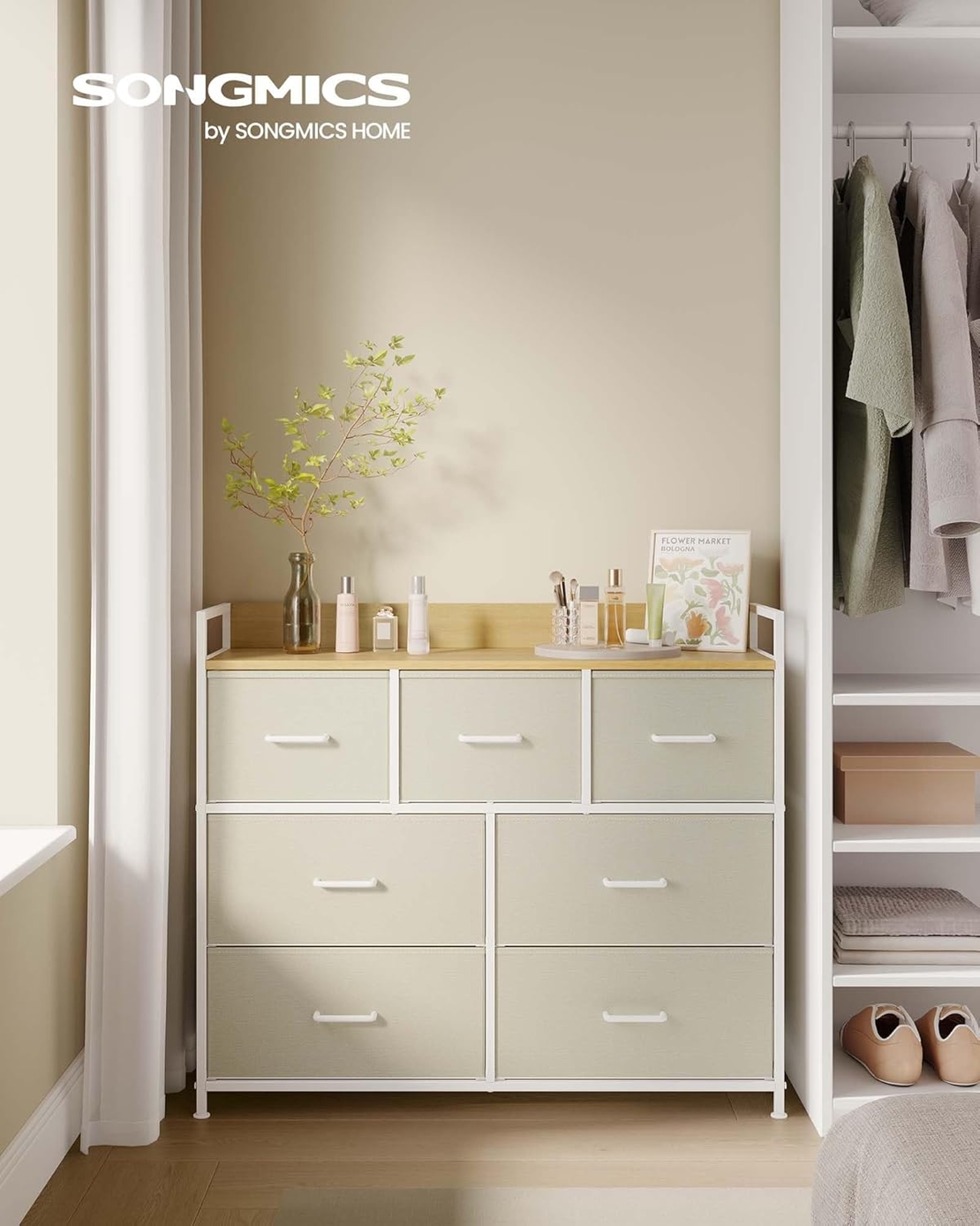 SONGMICS Comoda cu 7 sertare textile, cadru metalic si blat din PAL, design industrial, 98x29x85 cm, alb crem
