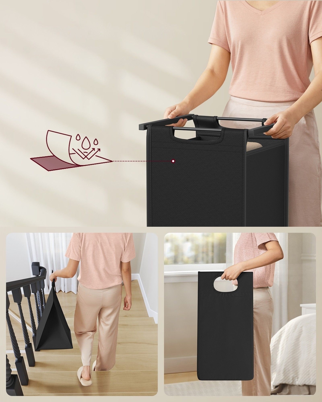 VASAGLE Cos de rufe, 2 compartimente, saci de rufe detasabili, raft, cadru metalic, 2x46L, 73x33x72 cm, maro si negru