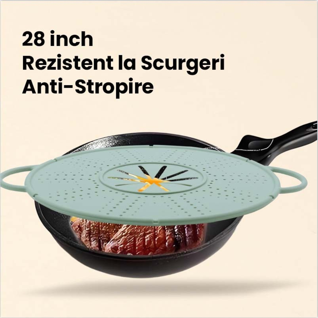 Capac Sita pentru Tigaie, Vafy, 28 inch, Capac din Silicon pentru Scuregere, Rezistent la Remperaturi ridicate, Anti-Stropire, Deflector de Ulei, Verde deschis