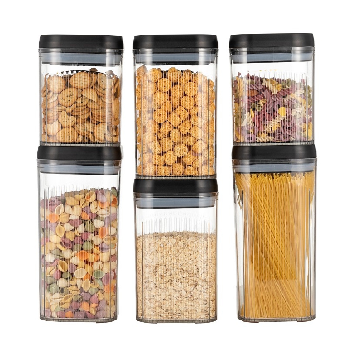 Cutii de Depozitare Alimente, Flippy, Set din 6 Cutii de tip Container, Recipiente pentru Cereale in Bucatarie, Transparente cu Capac Negru