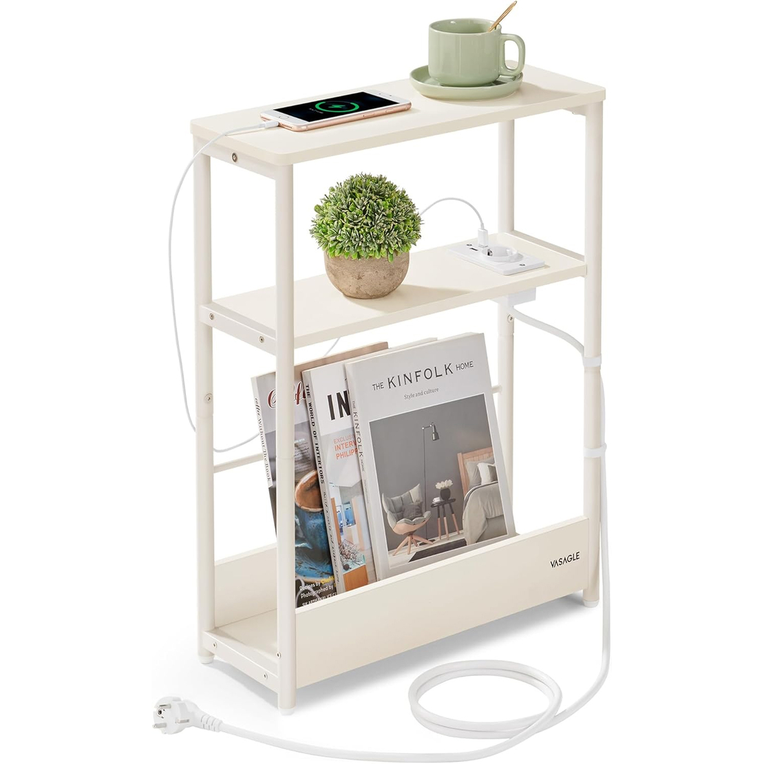 VASAGLE Masuta ingusta cu priza si porturi de incarcare USB, 3 rafturi, 45x18x58 cm, alb crem