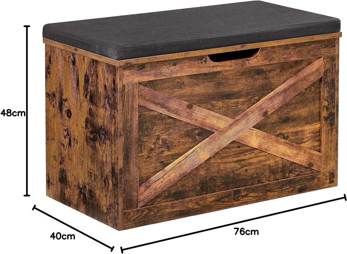 VASAGLE Banca pentru pantofi cu perna, tip cufar de depozitare, stil hambar, 76x40x48cm, maro rustic