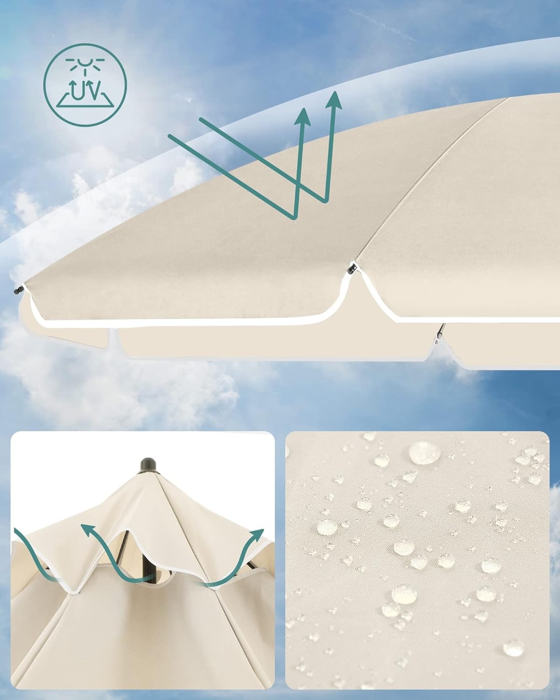 SONGMICS Umbrela terasa gradina sau plaja, cu inclinare, husa, diametru 160cm, bej