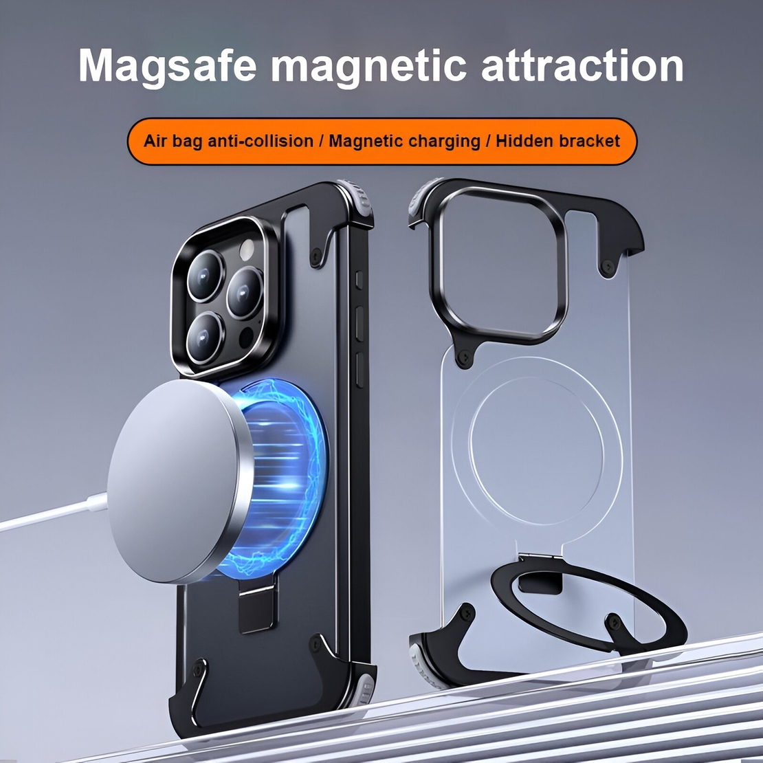Husa de Protectie Compatibil cu iPhone 15 Pro Max, Vafy, Incarcare Wireless, Tehnologie Magsafe, Inel Magnetic Rotativ 360 cu Functie de Suport, Rama Metalica, Carcasa din Piele, Negru