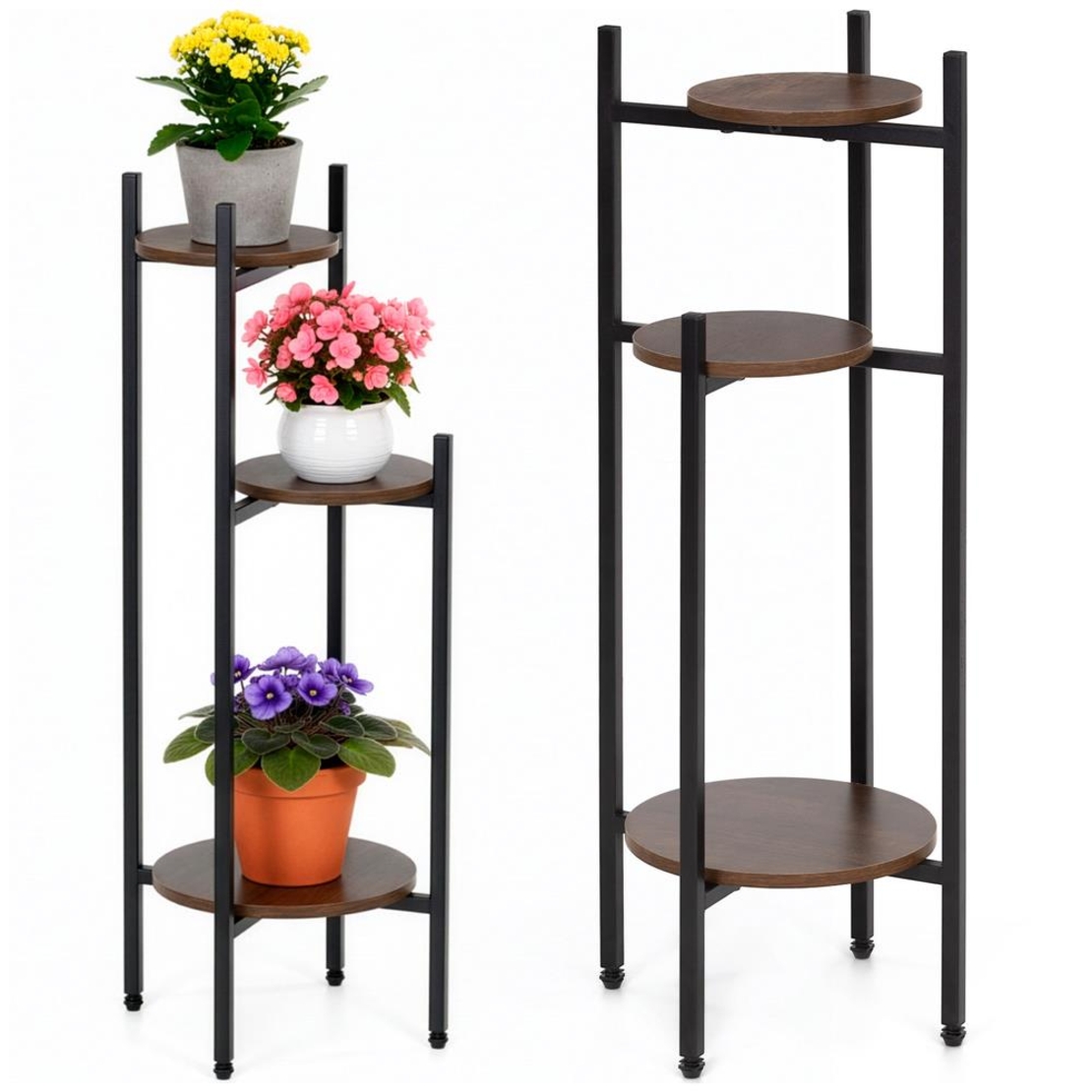 Suport pentru flori, rotund cu 3 polite, structura metalica si MDF, 32x32x81 cm, negru