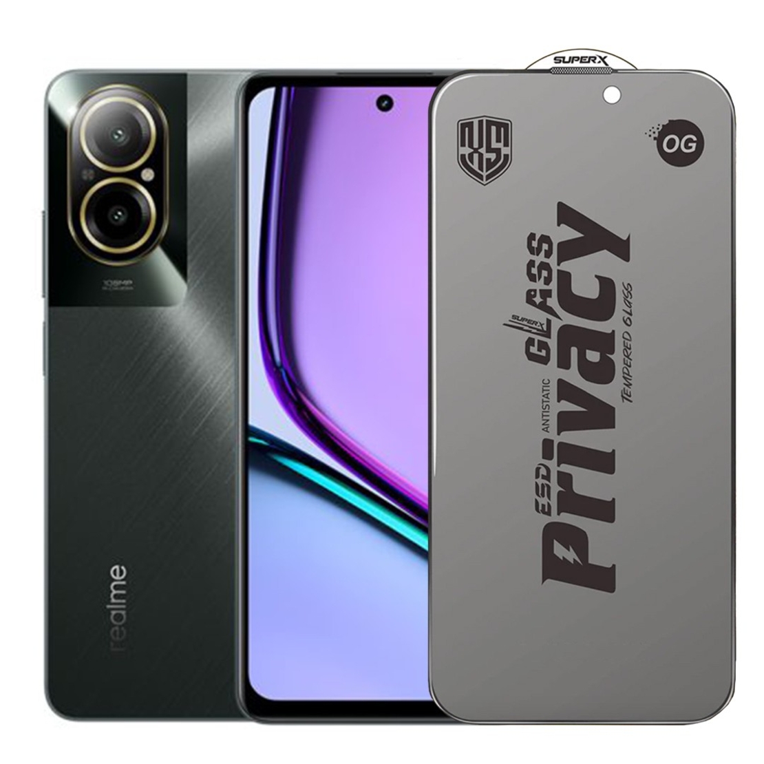 Folie de Sticla Privacy OG pentru Realme C67, Vafy, Sticla Securizata ESD Antistatica, Super-X, cu Margini Negre, Rezistenta la Zgirieturi, 0.30 mm, Transparenta