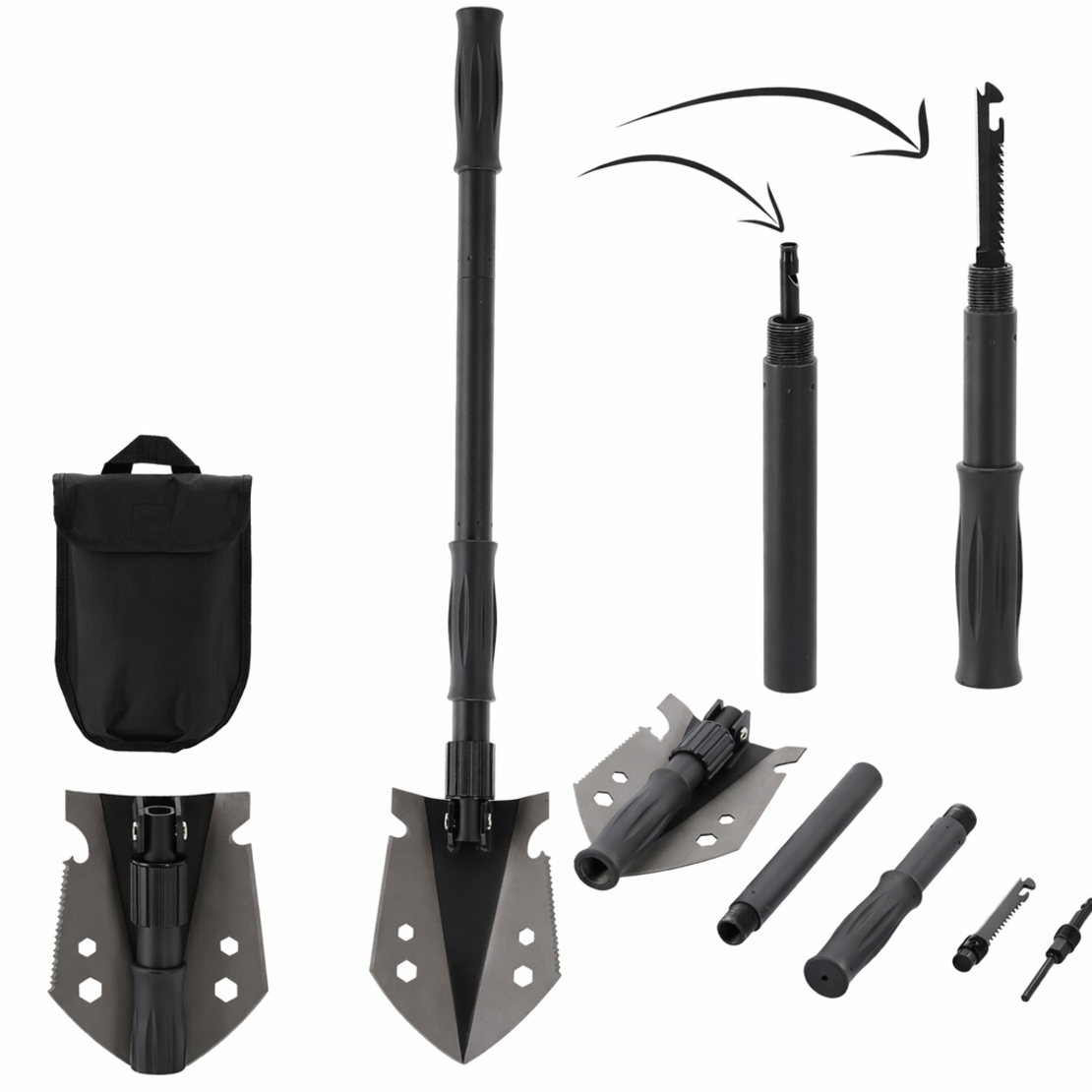 Lopata pliabila multifunctionala 9 in 1 pentru camping si gradina, otel, 70 cm, negru