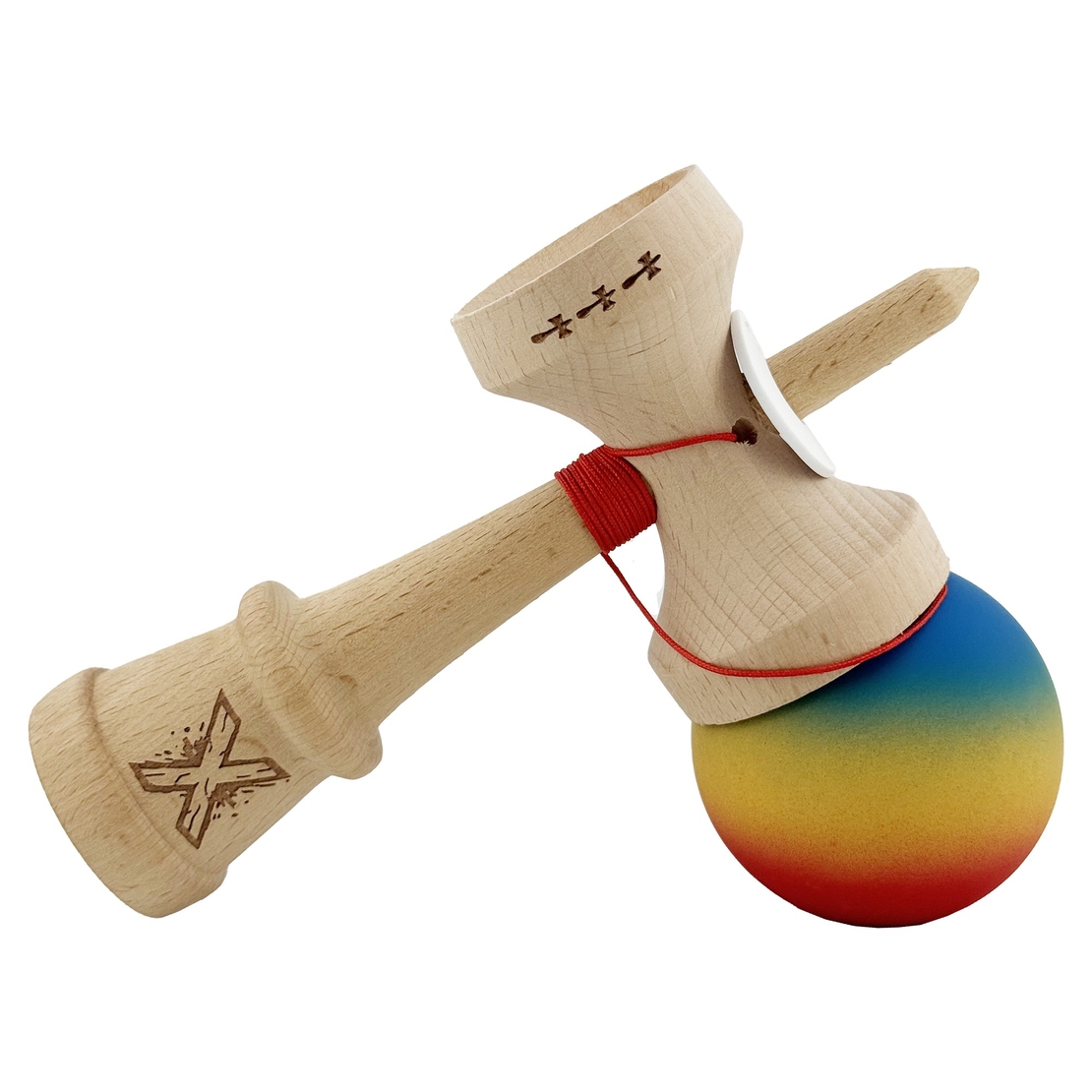 Kendama X Originala, Profesionala, Flippy, Cupe Mari KING SIZE V3, Rubber Grip, Gaura in Baza, Rulment Metalic, din lemn 18 cm, Ata 62/65 cm, Gradient Albastru/Galben/Rosu